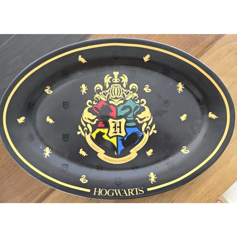 Harry Potter Hogwarts Oval Serving Platter Tray Ceramic Black/Gold Crests